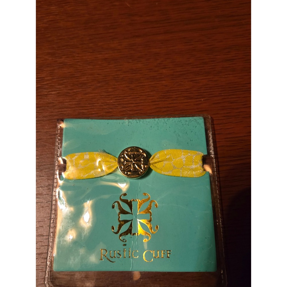 Rustic Cuff‎ Yellow White Elastic Hair Tie Bracelet Gold Tone Logo Bead NIP